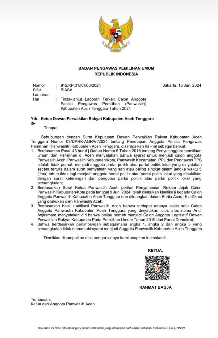 Bawaslu RI Surati DPRK Agara,Terkait  Seorang Anggota Panwaslih Terpilih Tidak Memenuhi Syarat