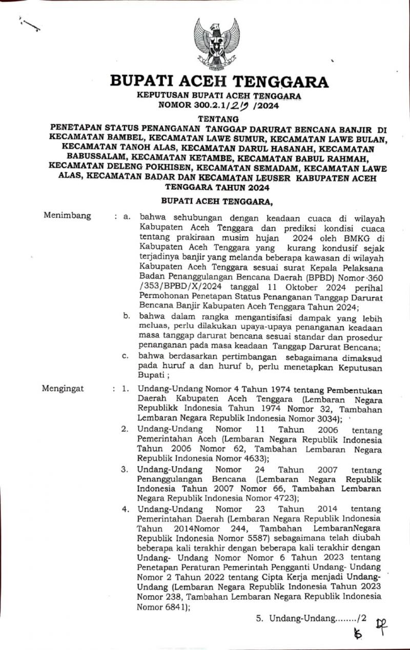 Pemkab Aceh Tenggara Tetapkan Status Tanggap Darurat Banjir