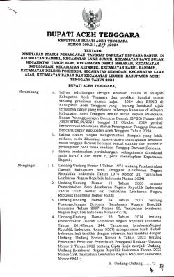 Pemkab Aceh Tenggara Tetapkan Status Tanggap Darurat Banjir